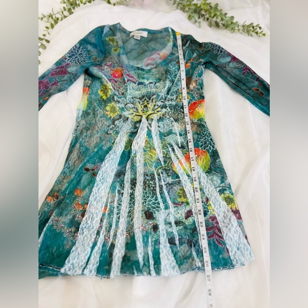 Dressbarn Y2K Lace Tunic Top Small Green Floral Sheer Sleeves Fairy Grunge - Picture 8 of 11